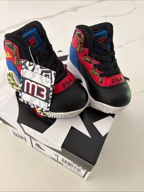 Fila Kids Black, Red & Blue High-Top Sneakers with Yellow Accents